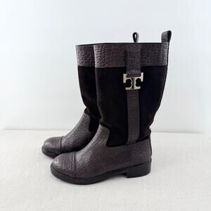 Tory Burch Corey Mid Calf Flat Leather Embossed Suede Boots Brown Womens Size 6